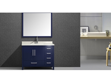 Waschtisch-Set aus Massivholz, mit Rahmenspiegel, Waschbecken und blauem Unterschrank, M6502